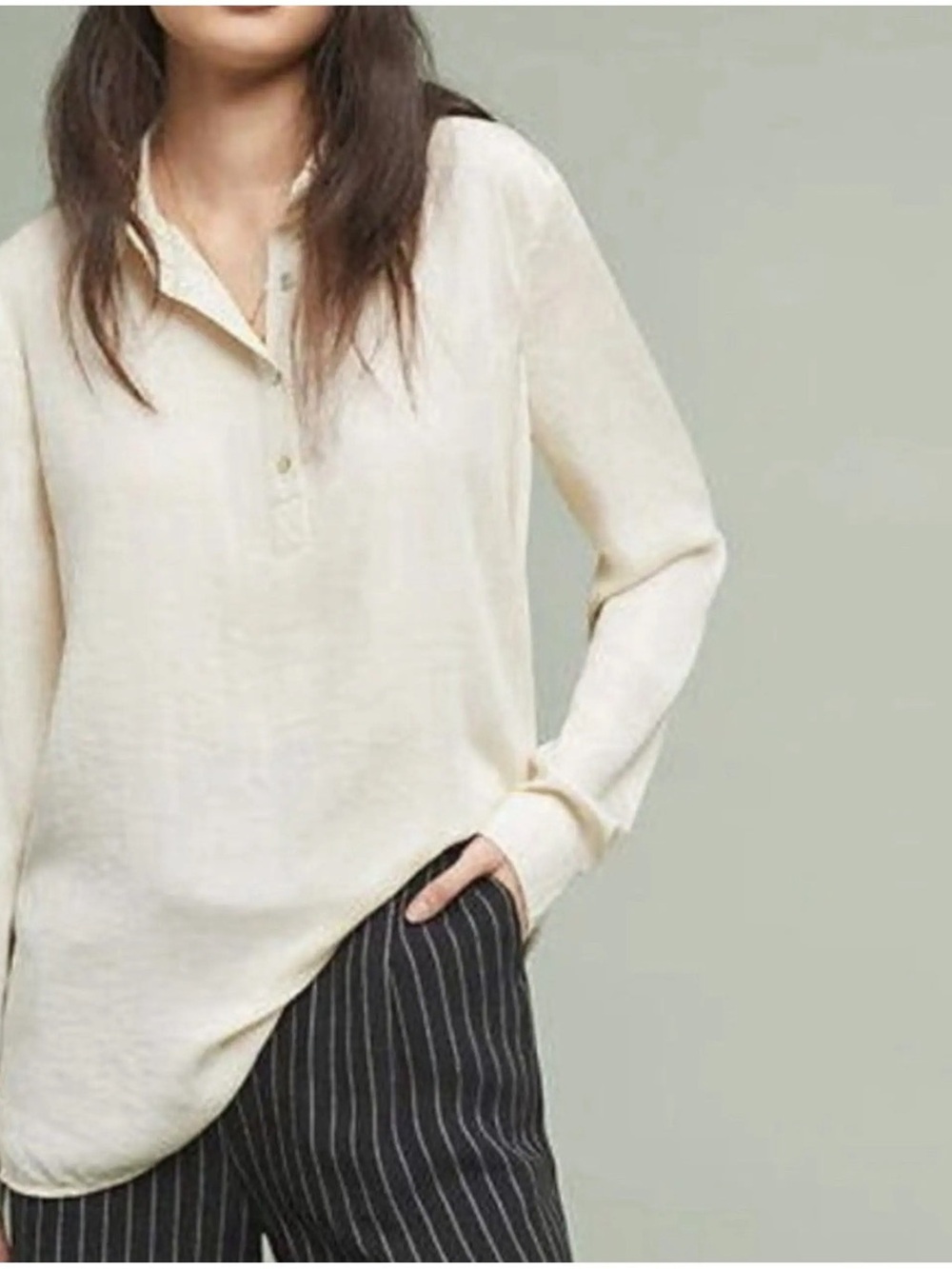 Anthropologie Dolan West Collection Long Sleeve Mixed Media Cream Blouse Top XS